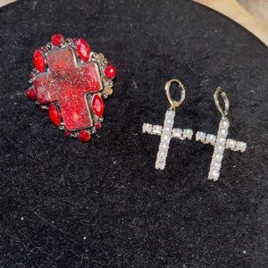 Red Cross Cocktail Ring with Clear Crystal Cross Earrings Set
